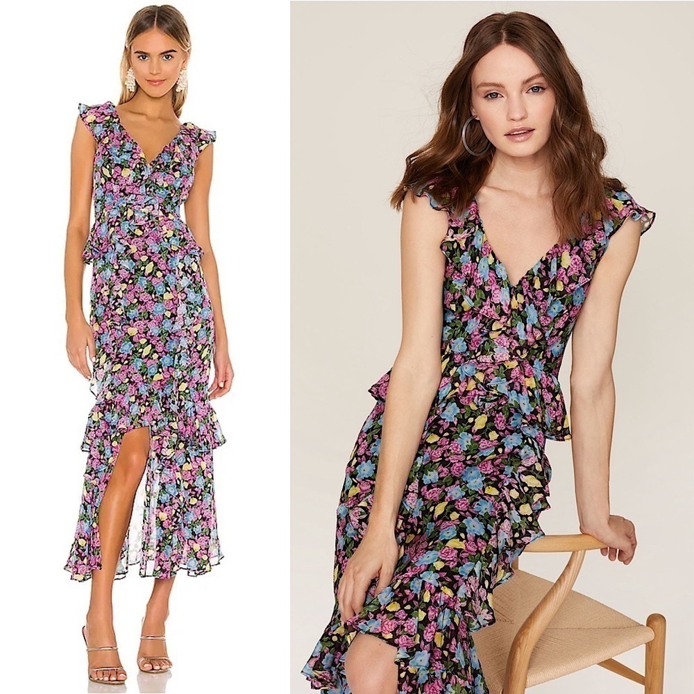 AMUR Silk Chiffon Floral Print Sleeveless V-Neck‎ Tiered Ruffle Hem Maxi Dress 0